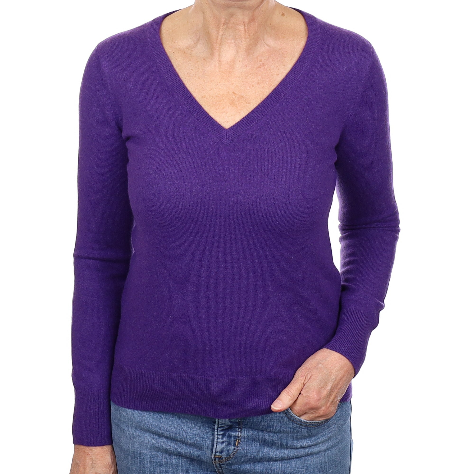 Pansy Purple Cashmere V Neck Jumper Medium