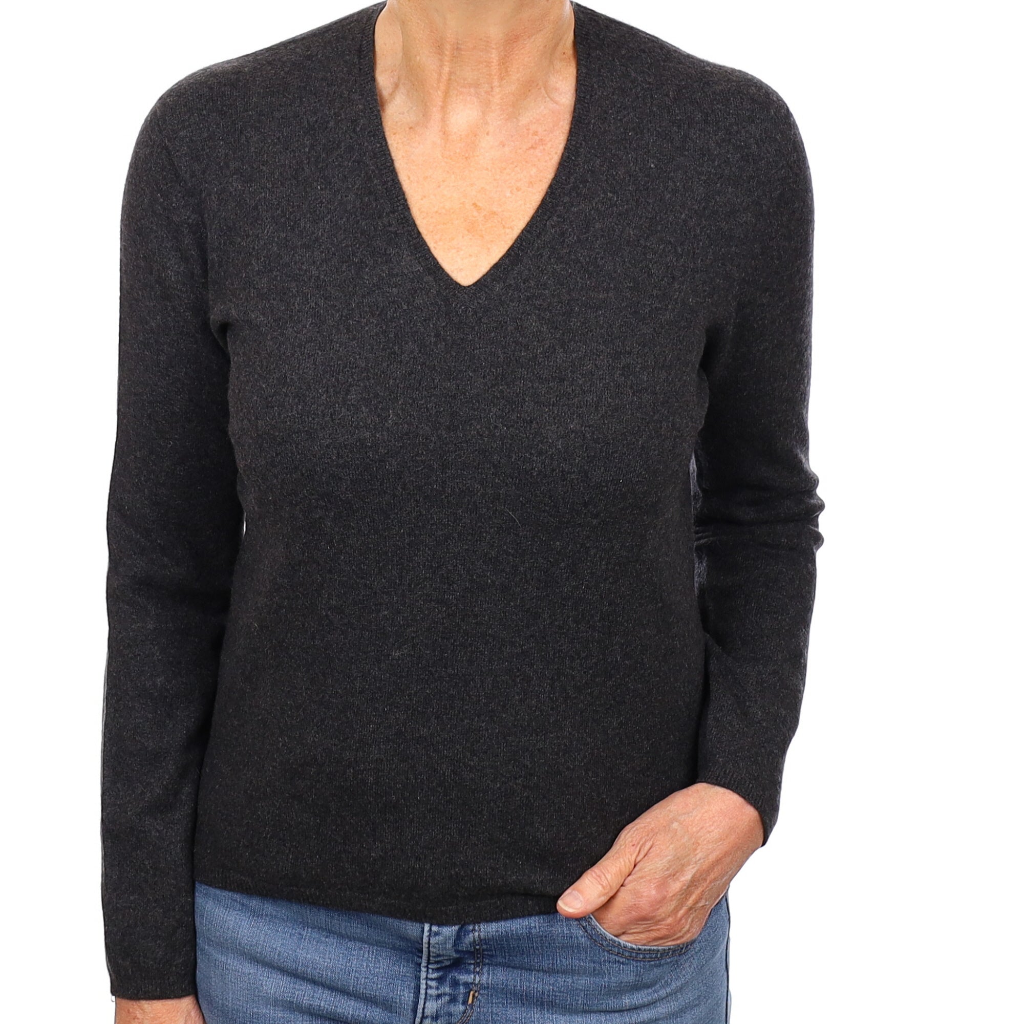 Charcoal Grey Irish Cashmere V Neck Jumper Medium
