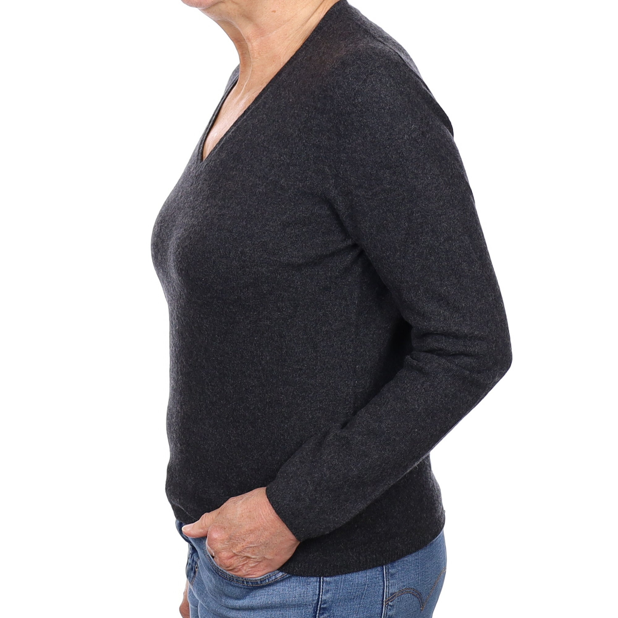 Charcoal Grey Irish Cashmere V Neck Jumper Medium
