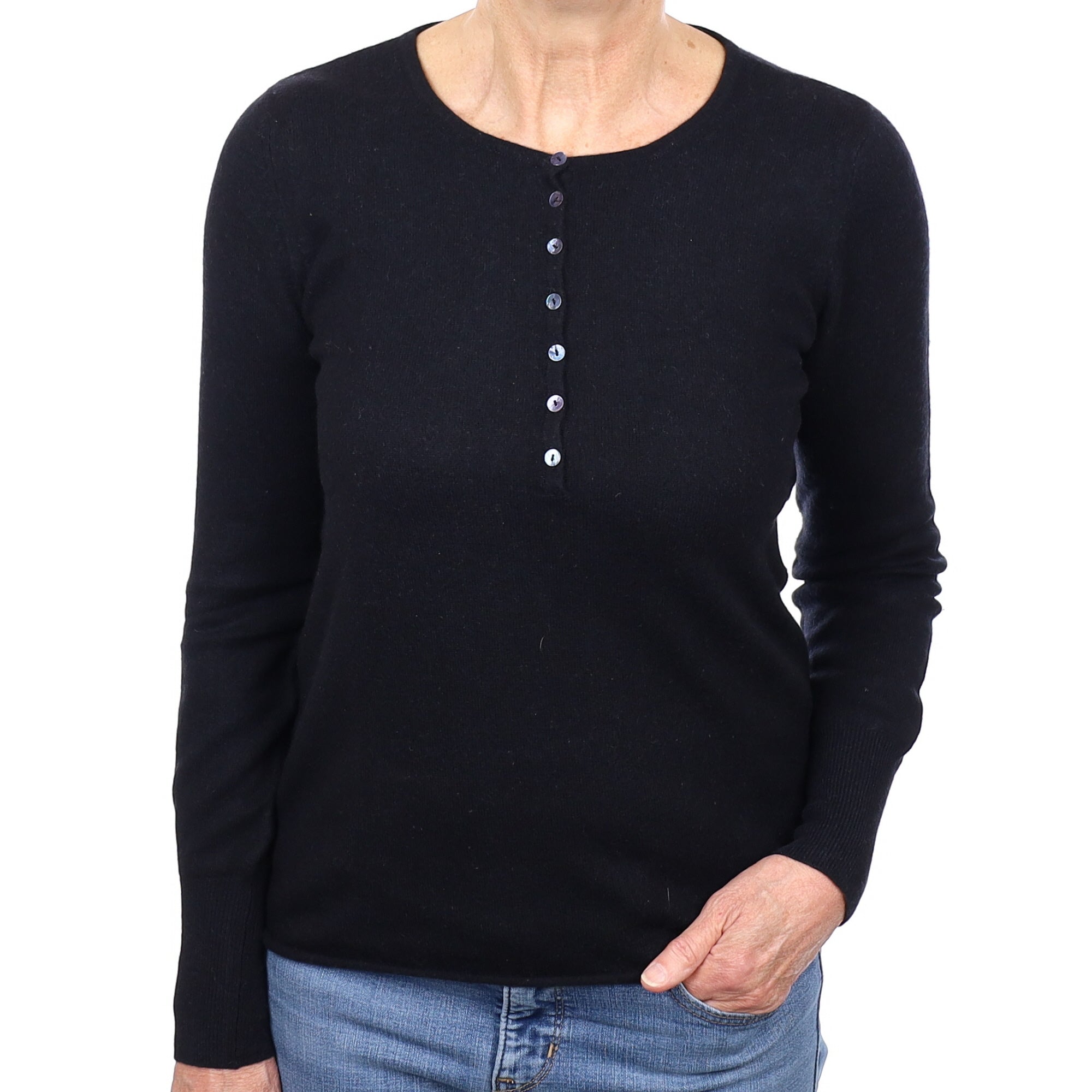 Black Cashmere Buttoned Crew Neck Jumper Medium