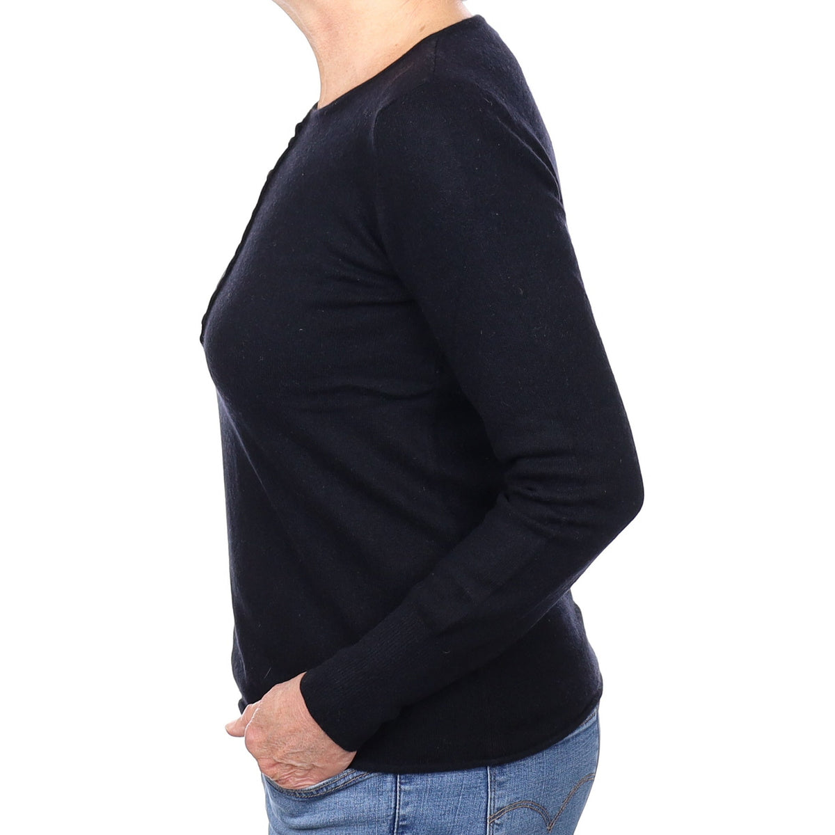 Black Cashmere Buttoned Crew Neck Jumper Medium