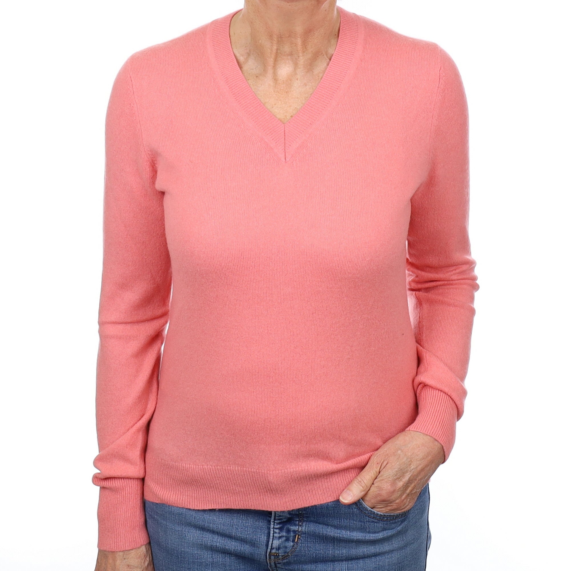 Jaeger Flamingo Pink Cashmere V Neck Jumper Medium
