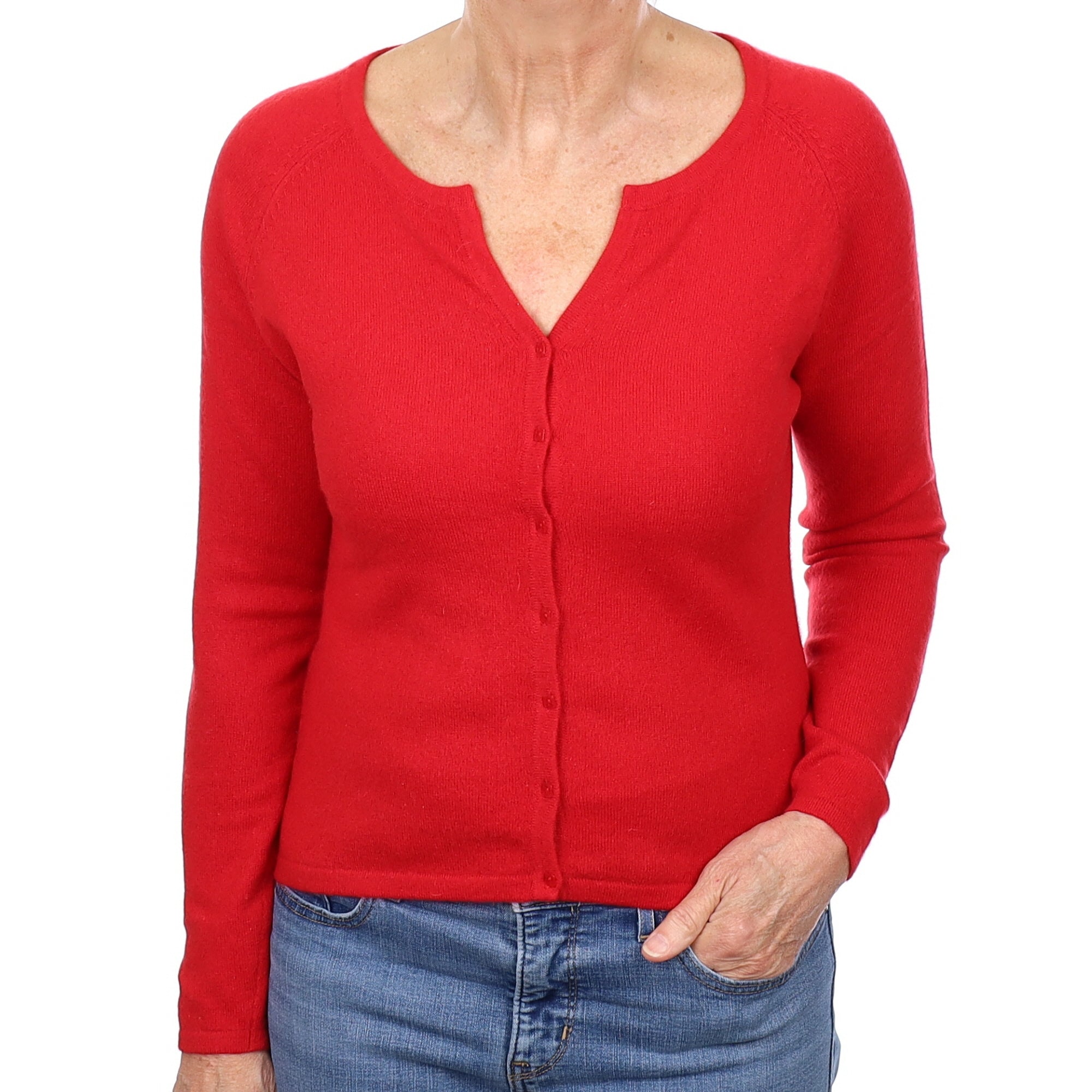 Berry Red Cashmere Notch Neck Cardigan Medium