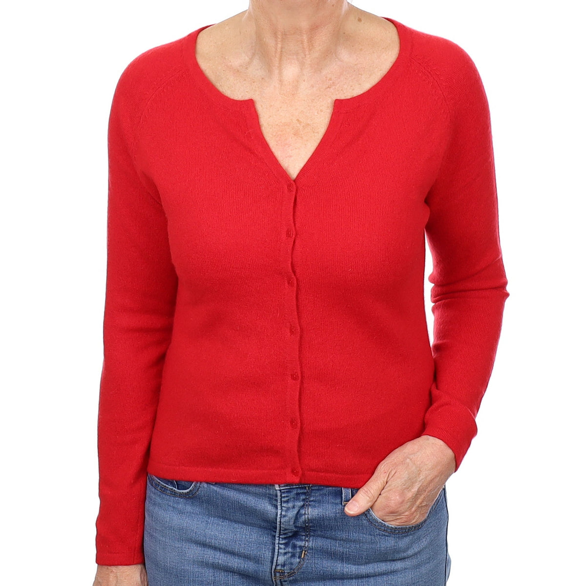 Berry Red Cashmere Notch Neck Cardigan Medium