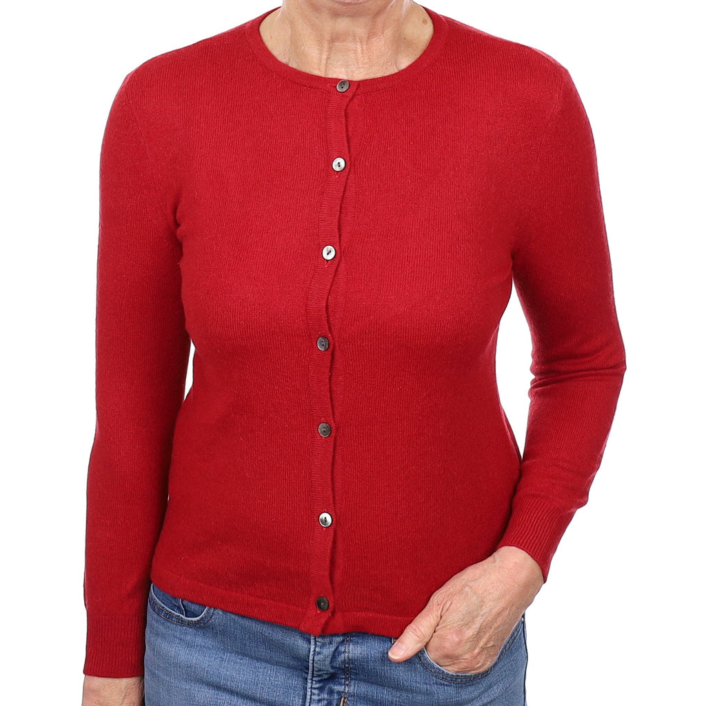 Crimson Red Cashmere Crew Neck Cardigan Medium
