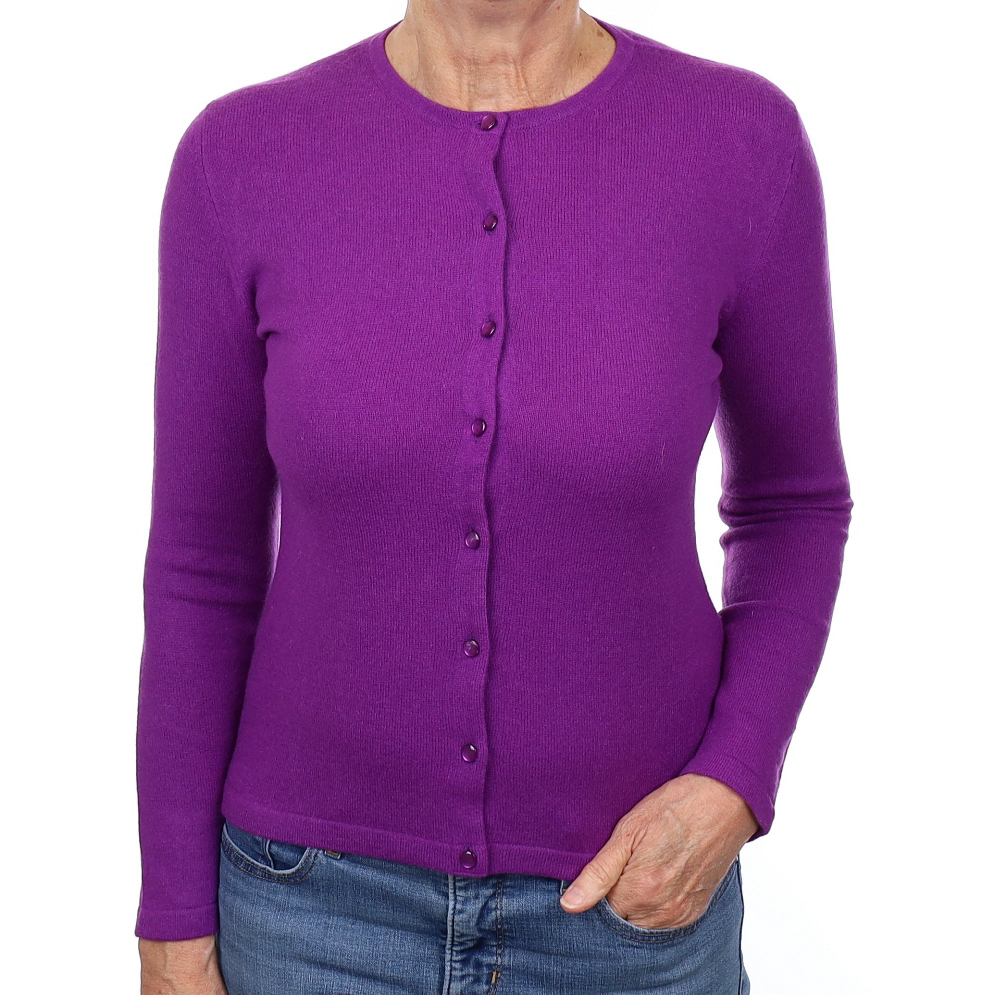 Scottish Violet Purple Cashmere Crew Neck Cardigan Medium