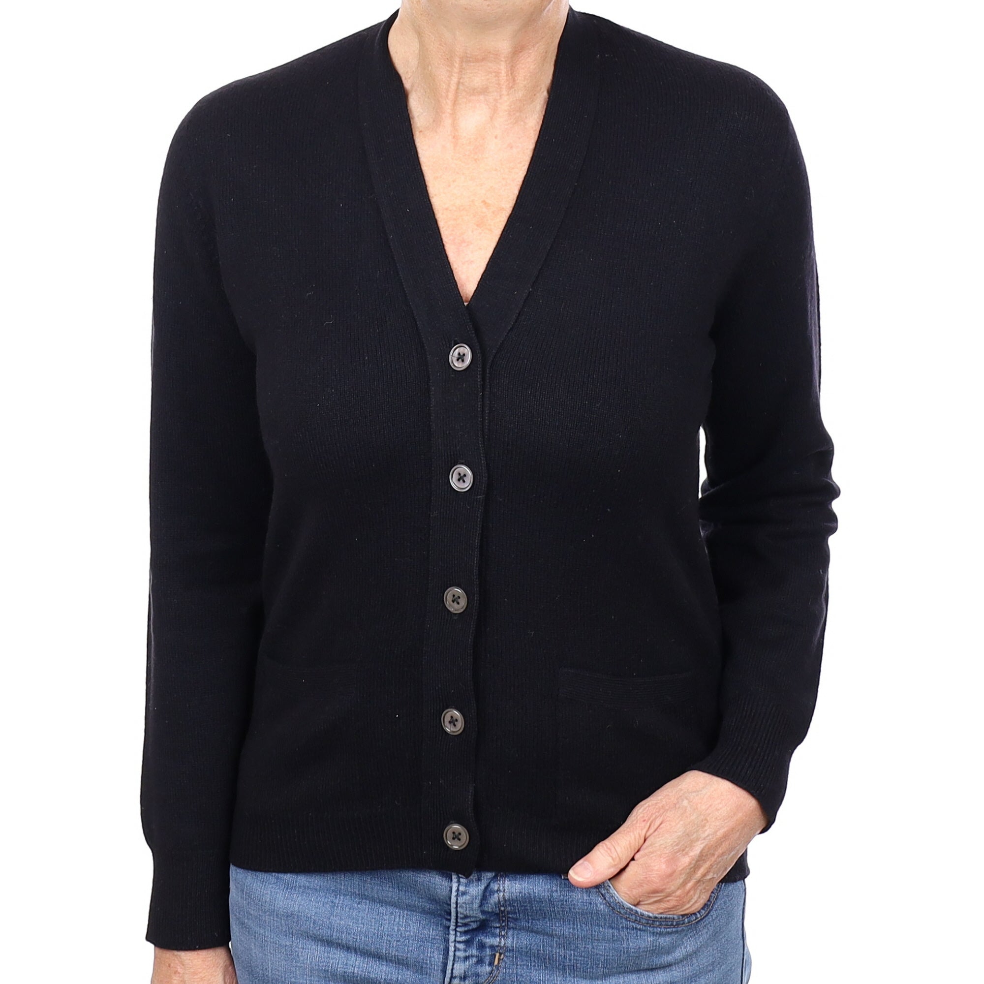 Scottish Black Cashmere V Neck Cardigan with Pockets Medium