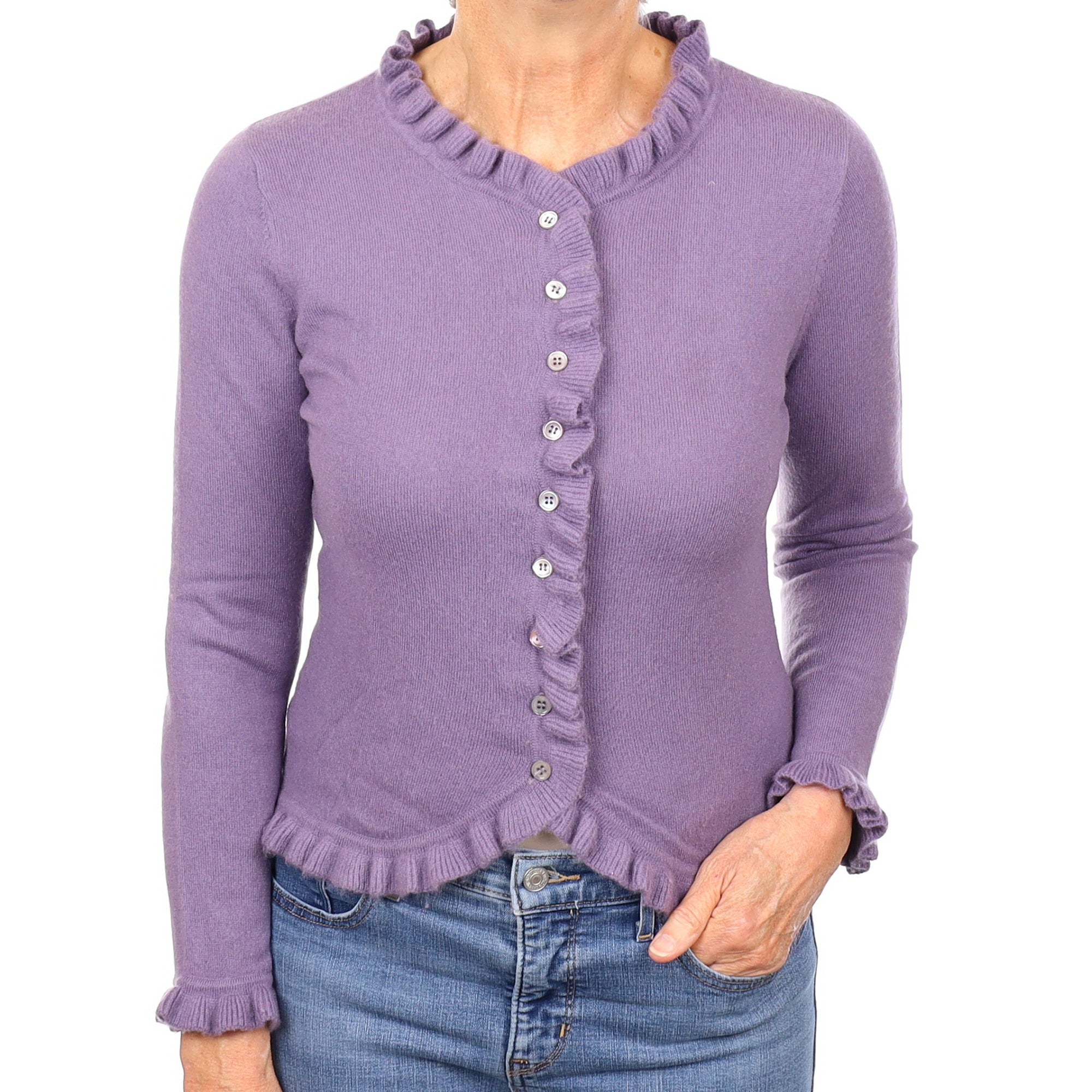 Hazy Purple Cashmere Ruffle Trim Cardigan Medium