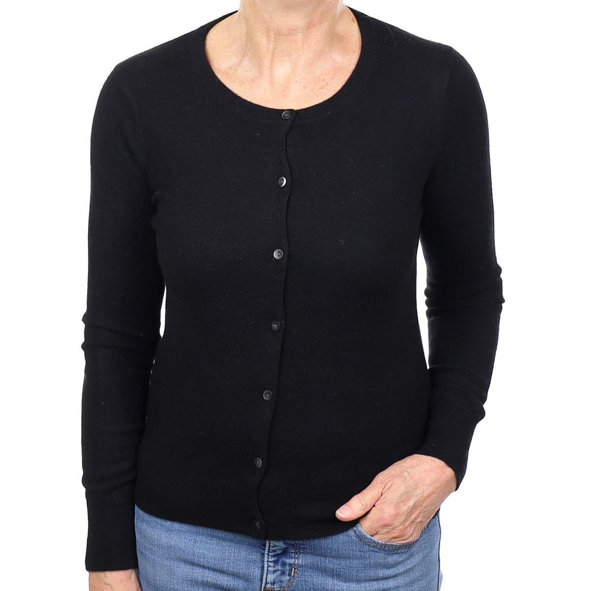 Black Cashmere Crew Neck Cardigan Medium