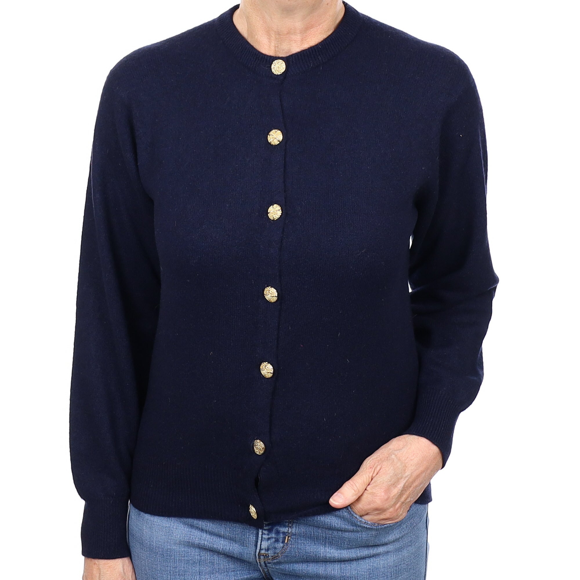Scottish Navy Cashmere Crew Neck Cardigan Medium