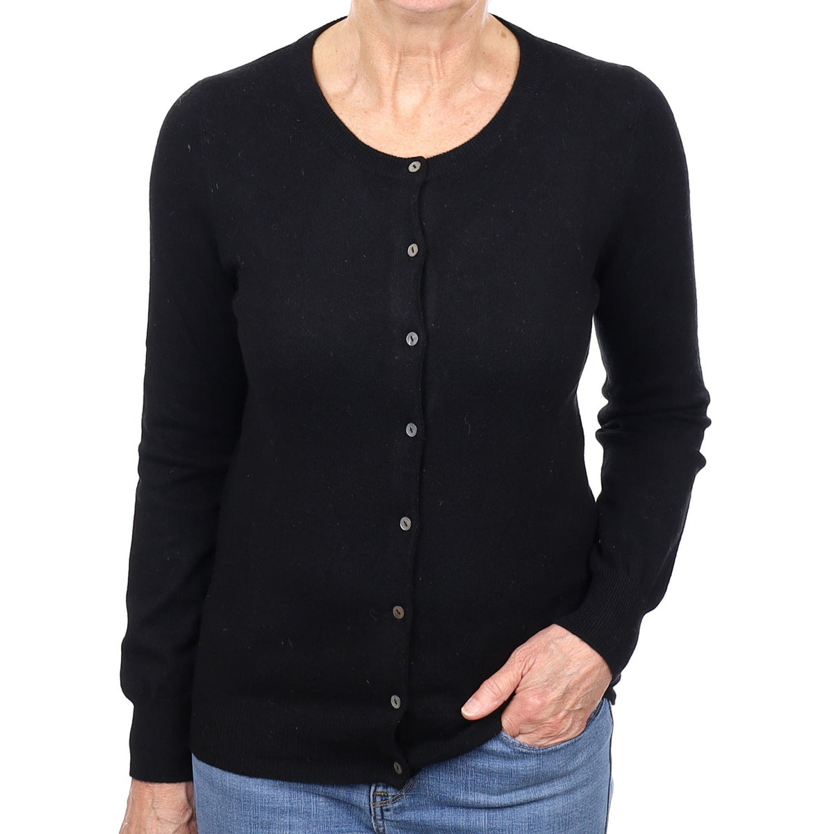 Black Cashmere Crew Neck Cardigan Medium