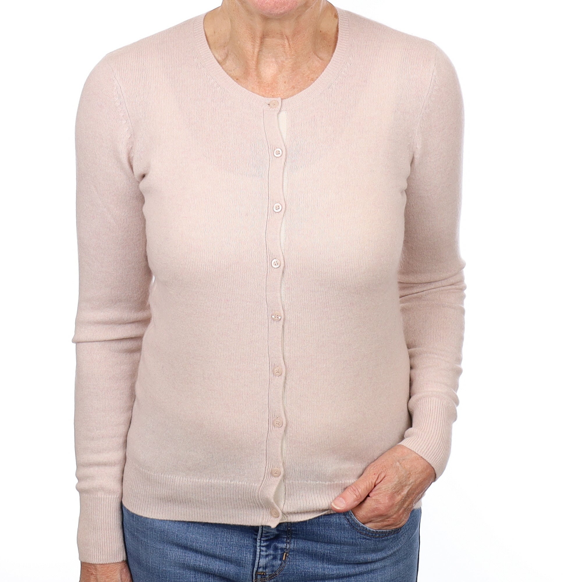 Oyster Pink Cashmere Crew Neck Cardigan Medium