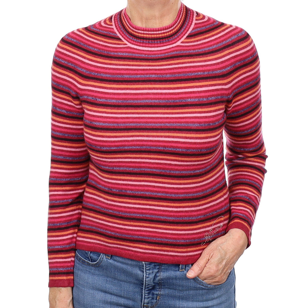 Cherry Pink Stripe Cashmere Turtleneck Jumper Medium