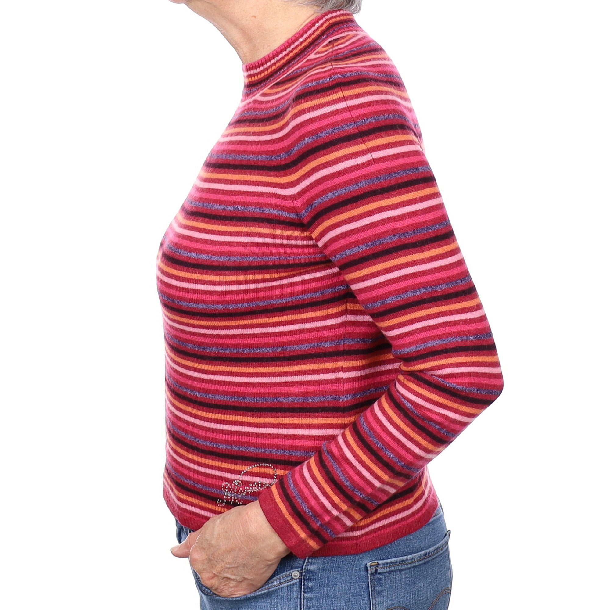 Cherry Pink Stripe Cashmere Turtleneck Jumper Medium