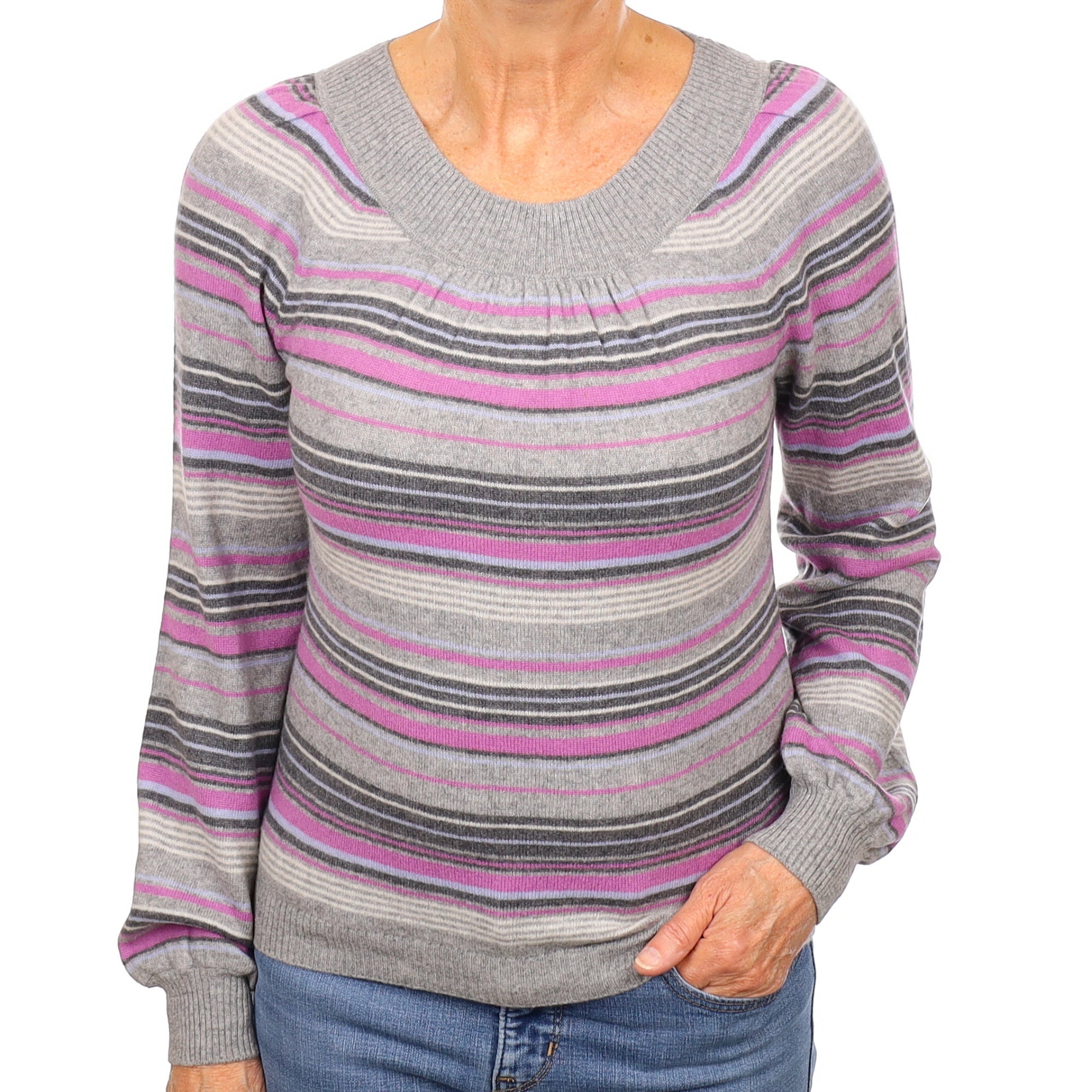 Grey and Purple Stripe Cashmere Crew Neck Jumper Medium