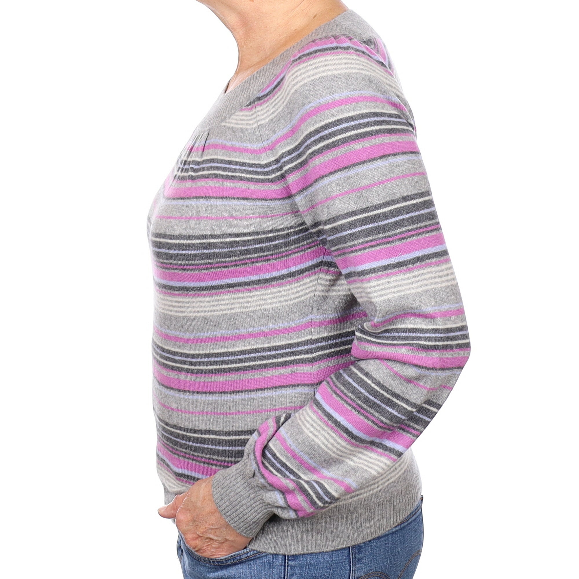Grey and Purple Stripe Cashmere Crew Neck Jumper Medium