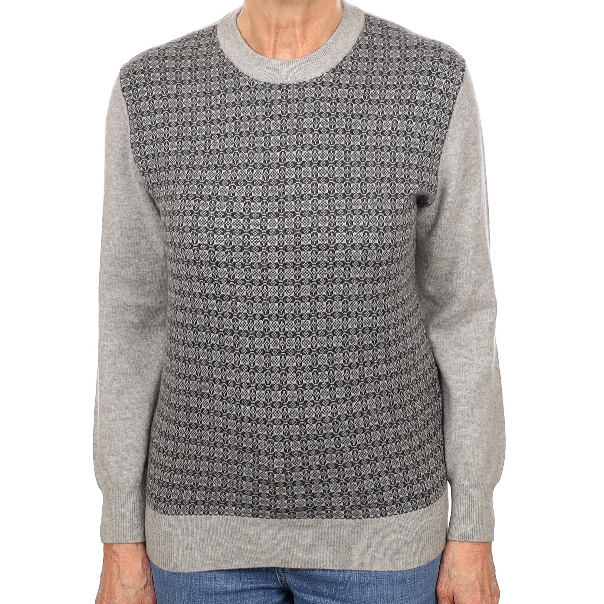 Italian Grey Pattern Front Cashmere Crew Neck Jumper Medium