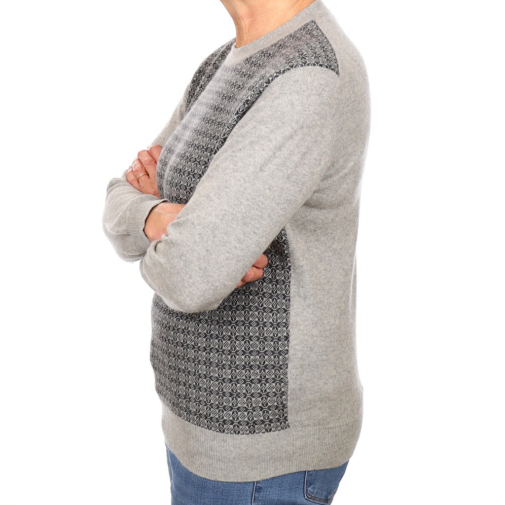 Italian Grey Pattern Front Cashmere Crew Neck Jumper Medium