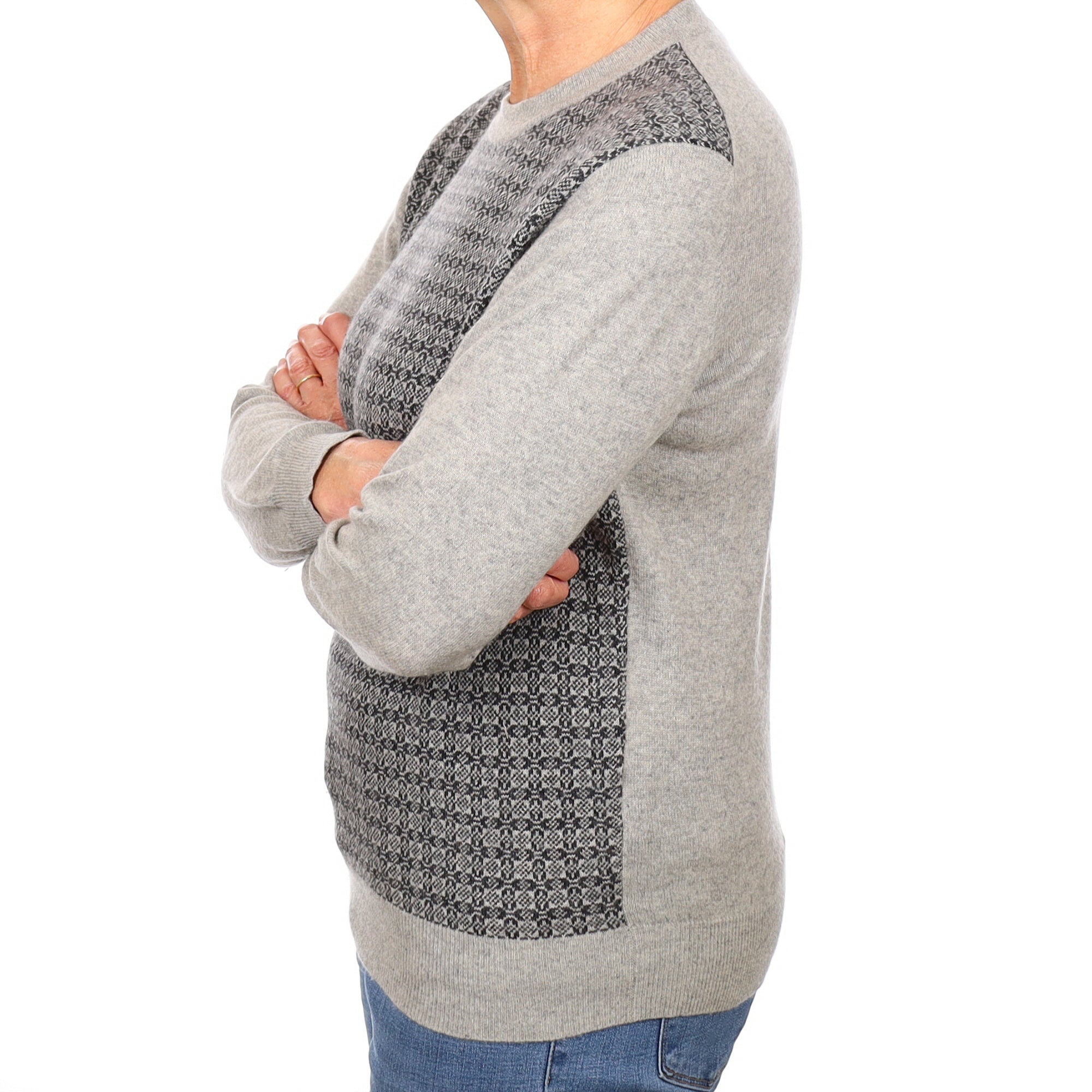 Italian Grey Pattern Front Cashmere Crew Neck Jumper Medium