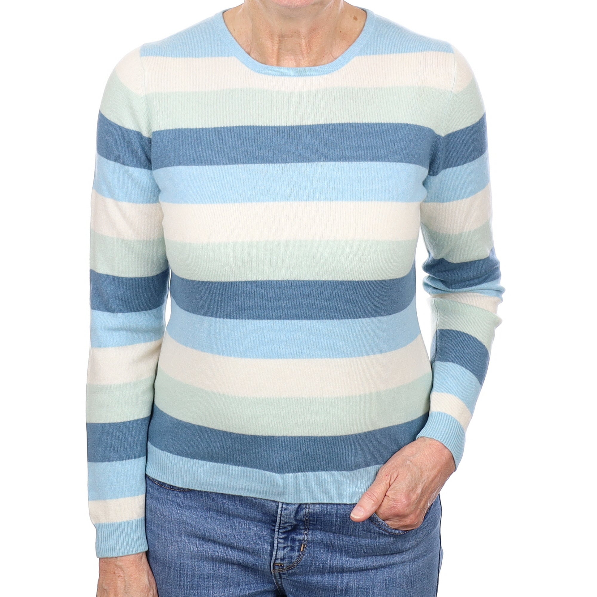 Scottish Blue Stripe Cashmere Crew Neck Jumper Medium