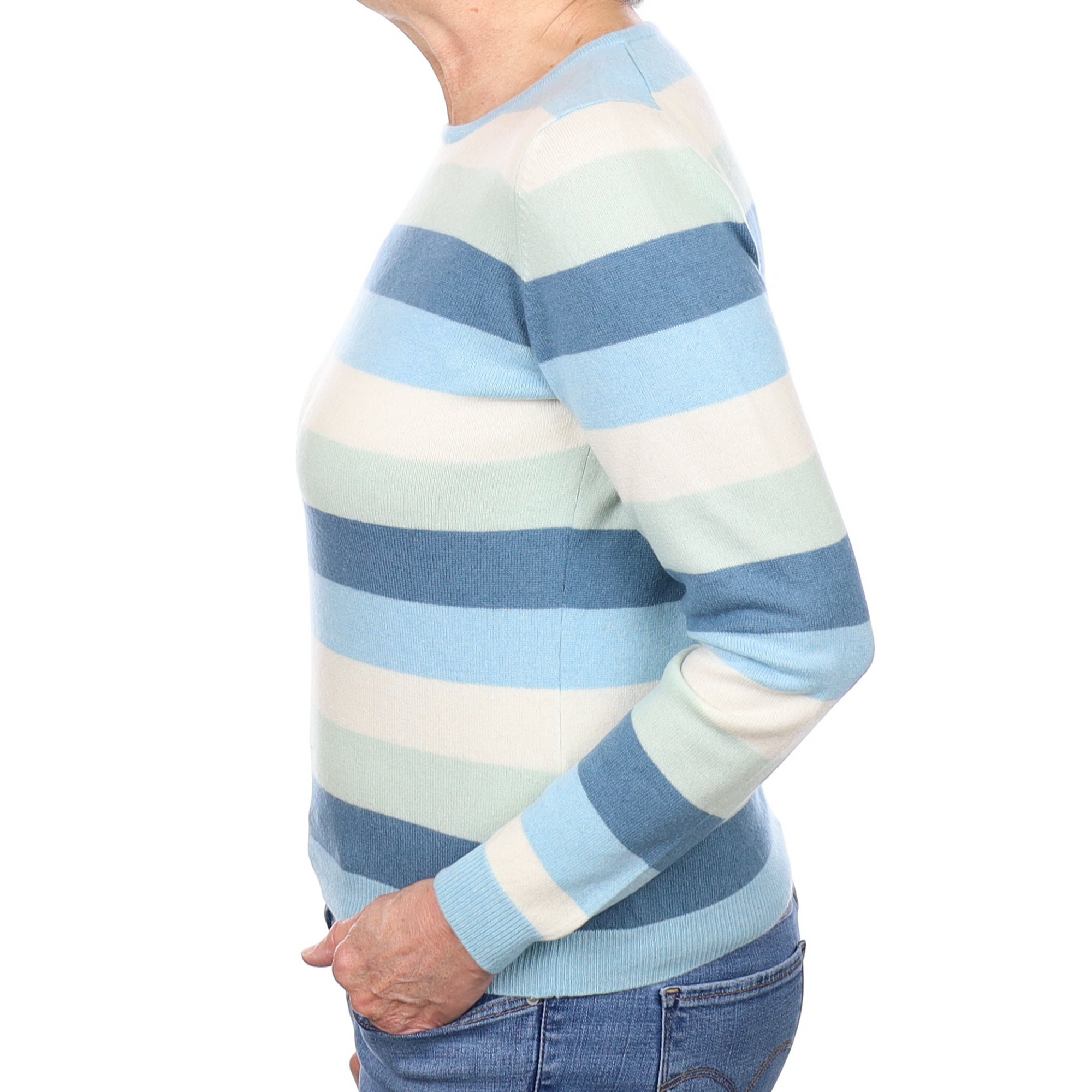 Scottish Blue Stripe Cashmere Crew Neck Jumper Medium