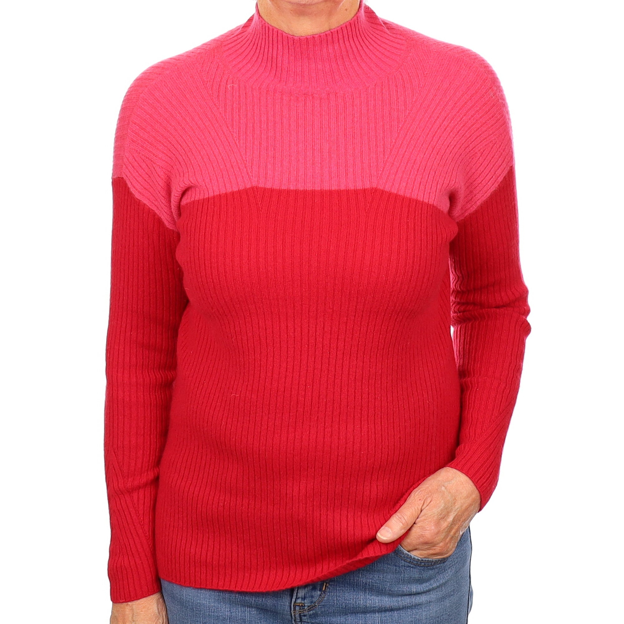 Red and Pink Rib Cashmere Turtleneck Jumper Medium