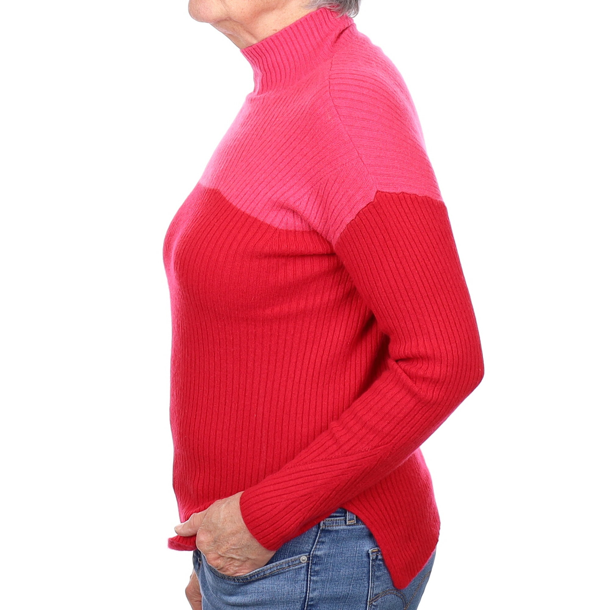 Red and Pink Rib Cashmere Turtleneck Jumper Medium