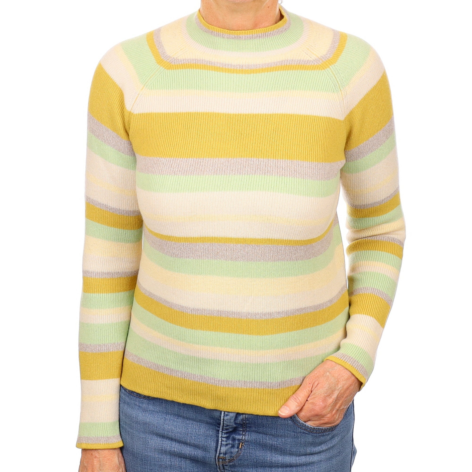 Yellow and Green Stripe Cashmere Turtleneck Jumper Medium