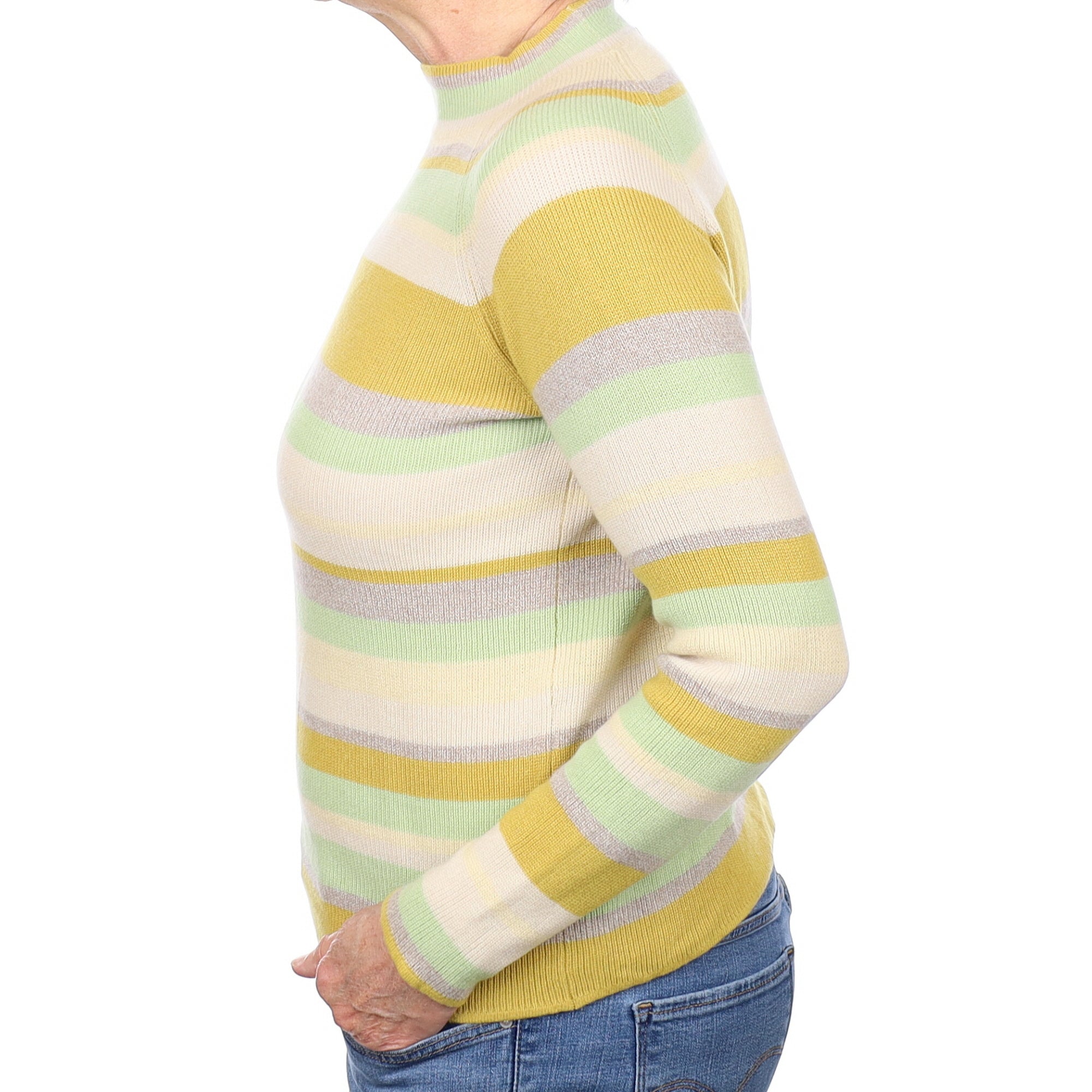 Yellow and Green Stripe Cashmere Turtleneck Jumper Medium