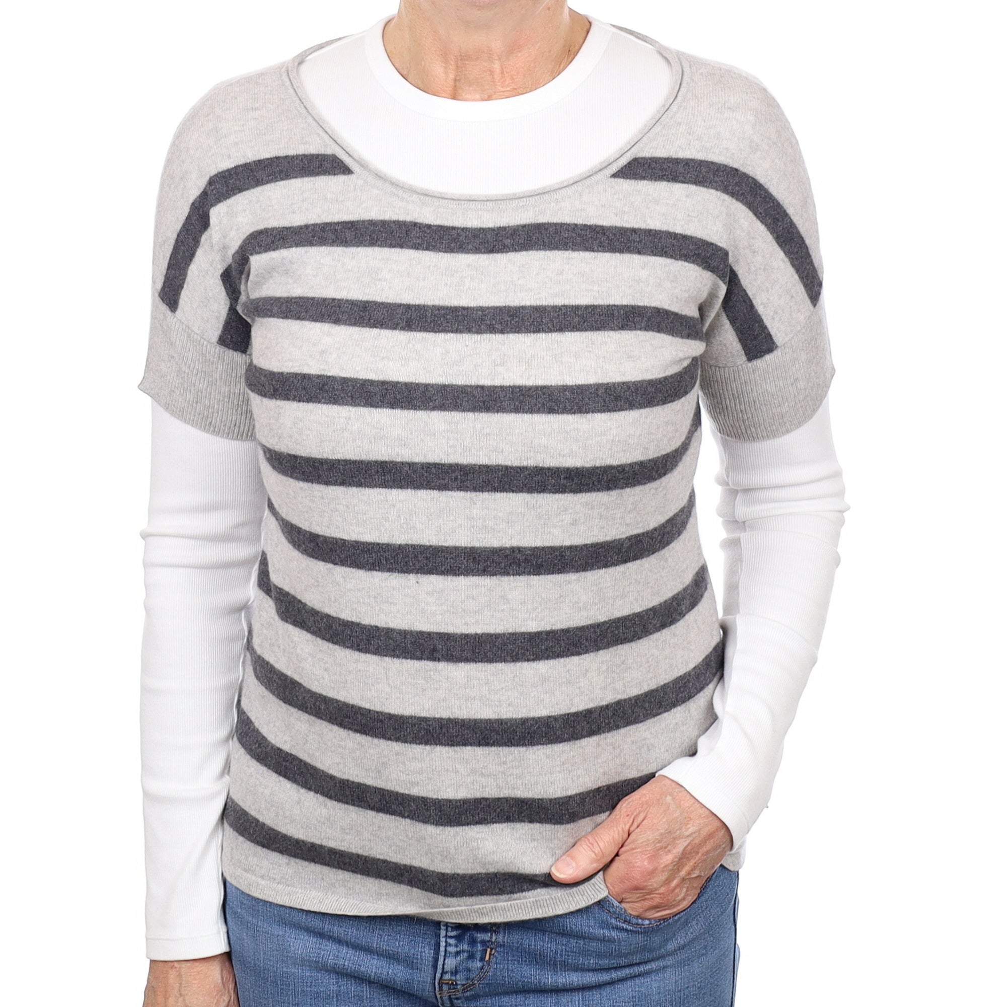 Grey Stripe Cashmere Short Sleeve Crew Neck Jumper Medium