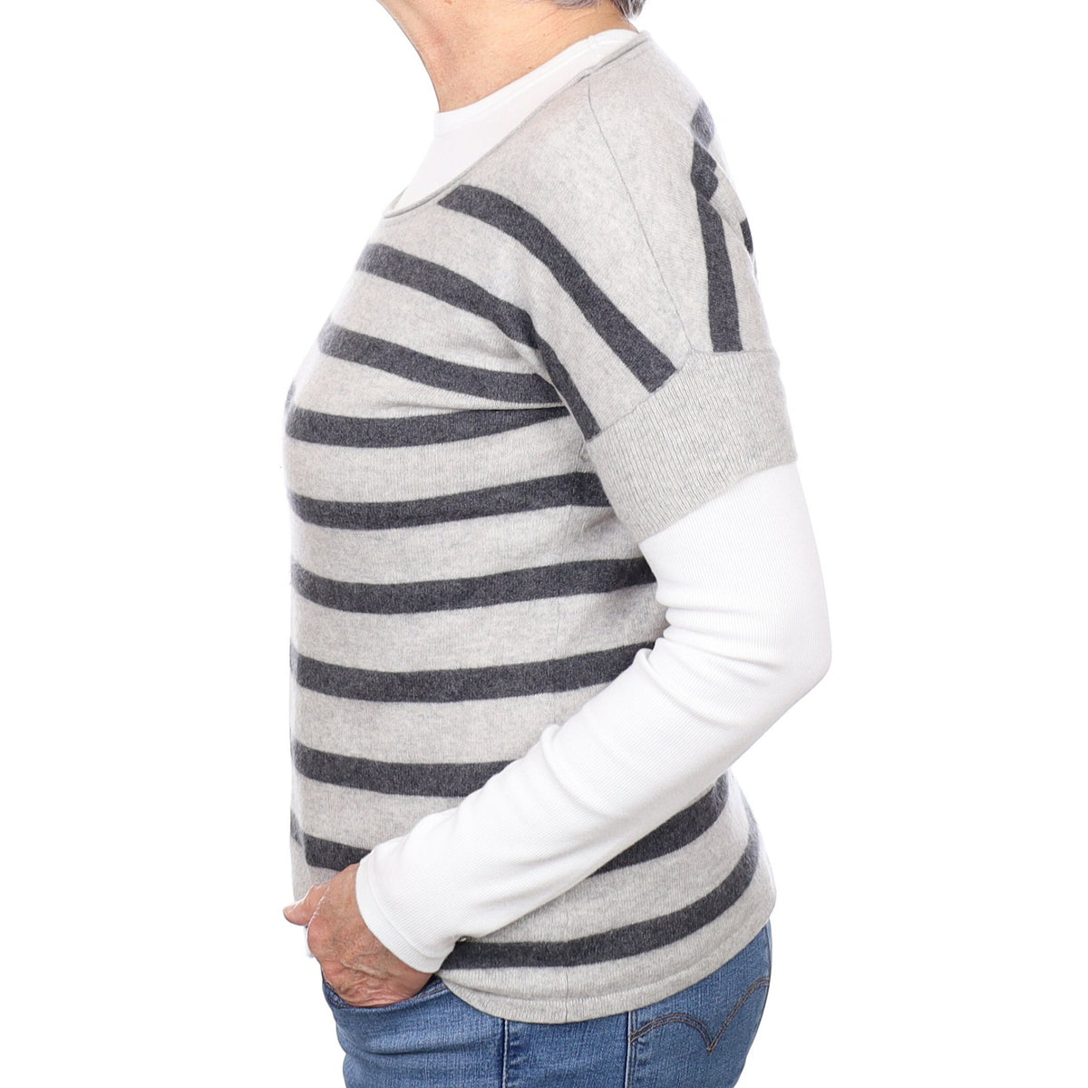 Grey Stripe Cashmere Short Sleeve Crew Neck Jumper Medium