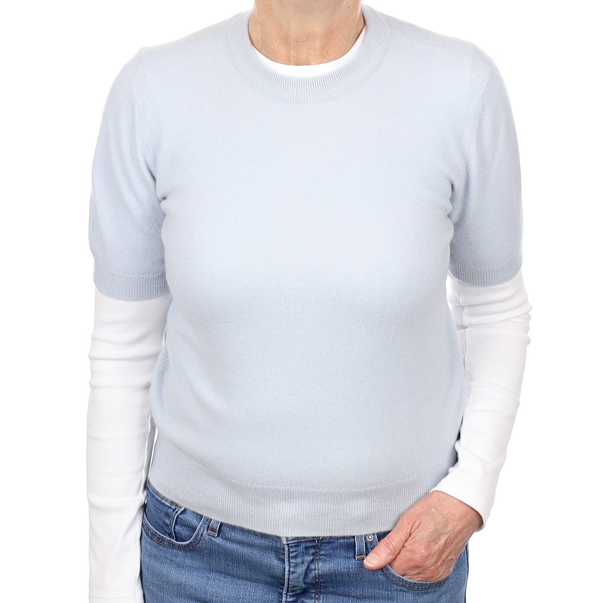 Ice Blue Cashmere Short Sleeve Crew Neck Jumper Medium