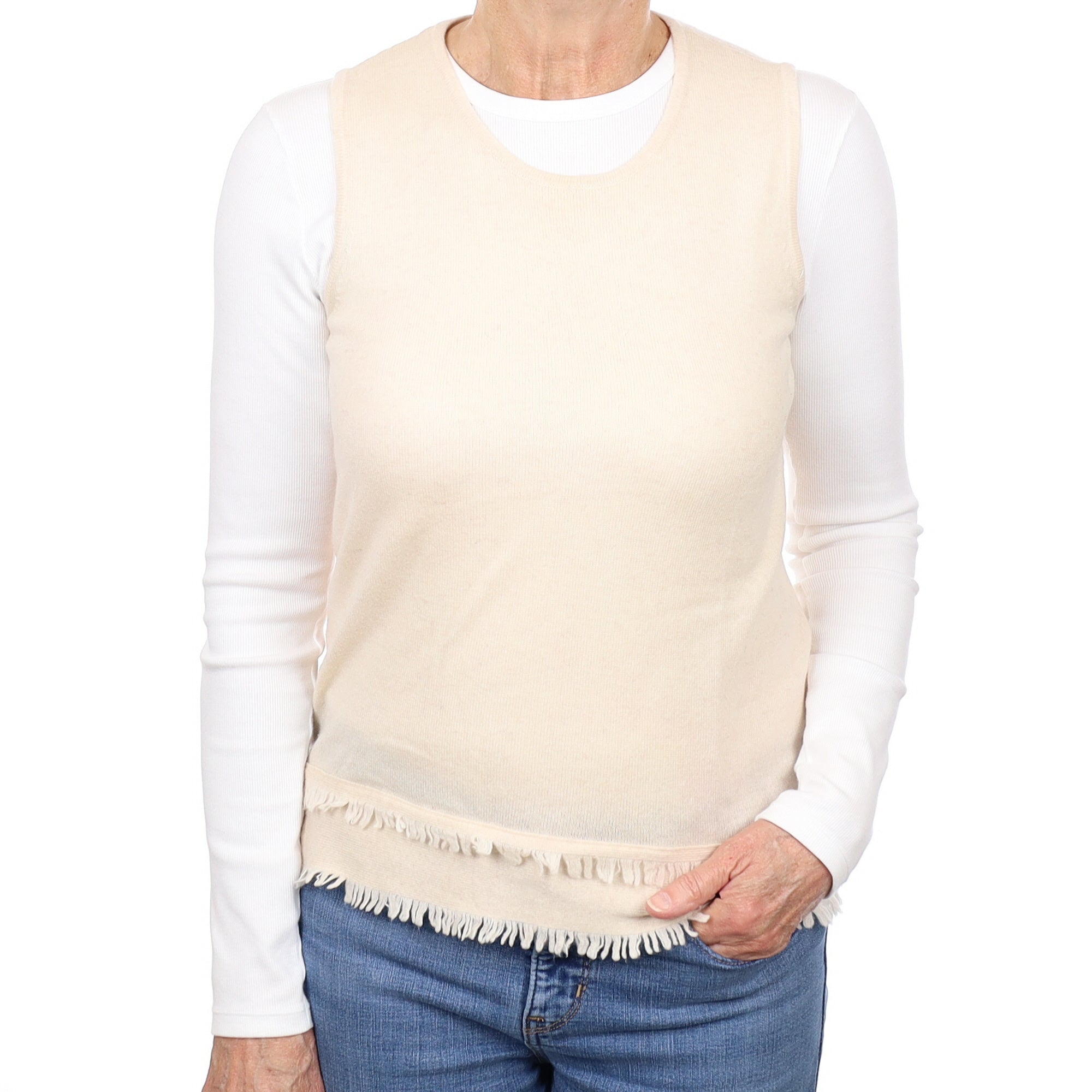 Oatmeal Fringed Cashmere Crew Neck Vest Medium