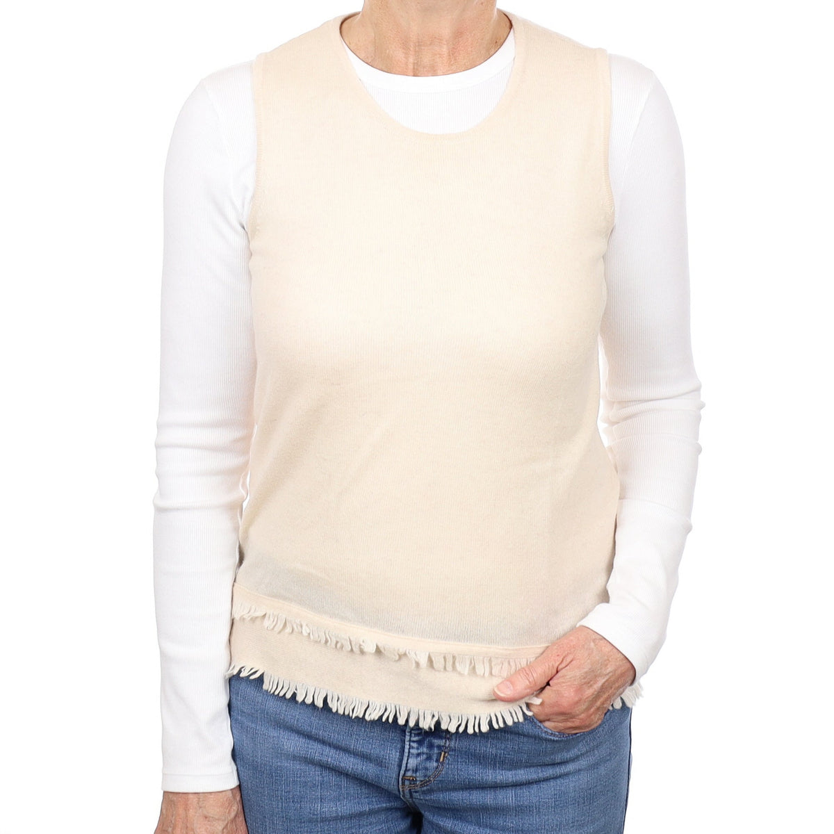 Oatmeal Fringed Cashmere Crew Neck Vest Medium