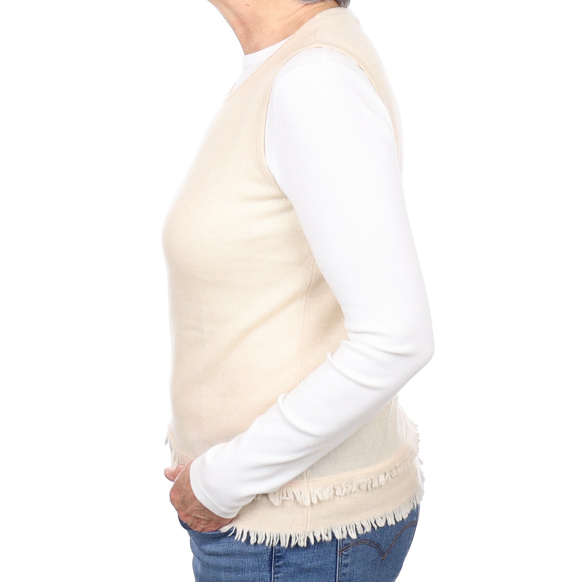 Oatmeal Fringed Cashmere Crew Neck Vest Medium