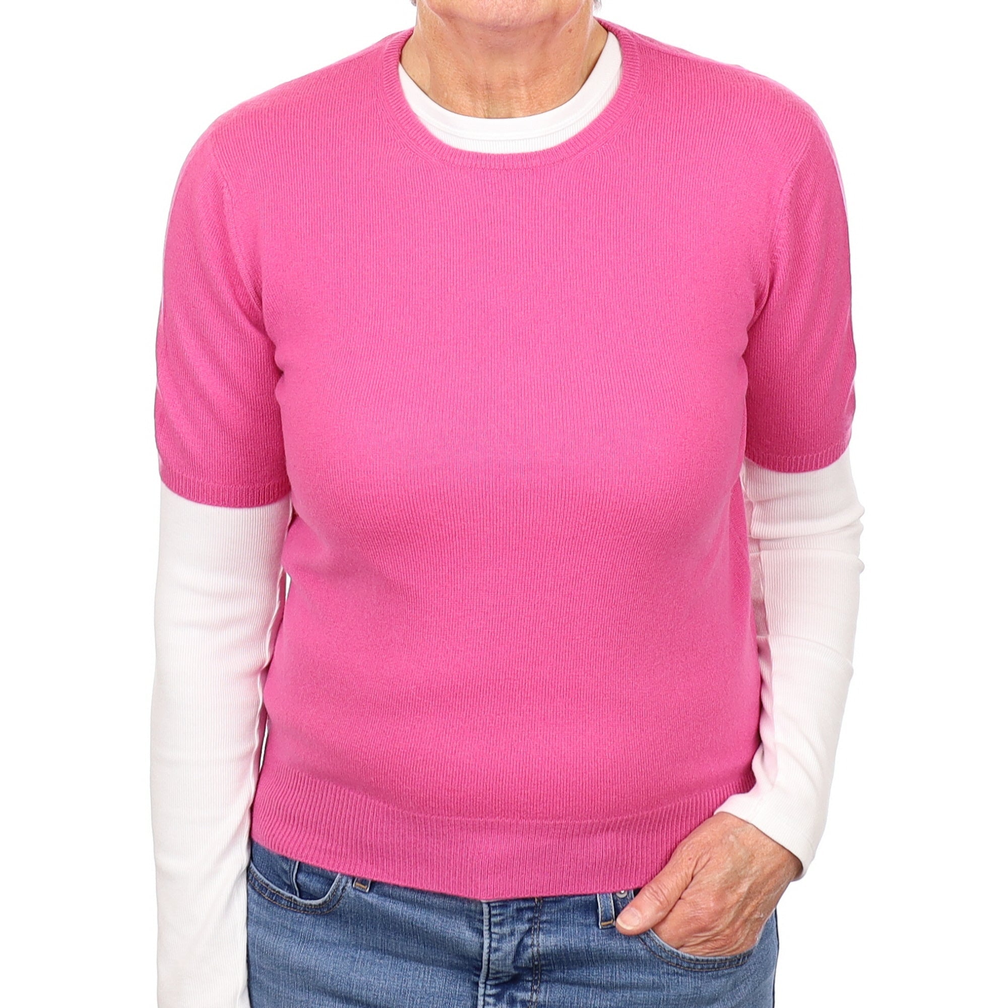 Sweet Pea Pink Cashmere Short Sleeve Crew Neck Jumper Medium
