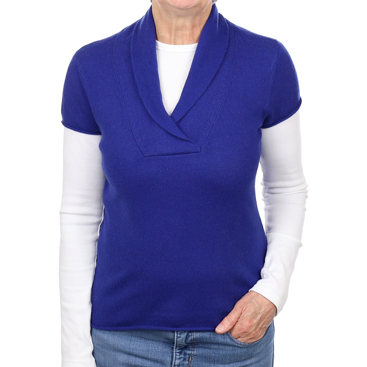 Indigo Blue Cashmere Shawl Collar Short Sleeve Jumper Medium