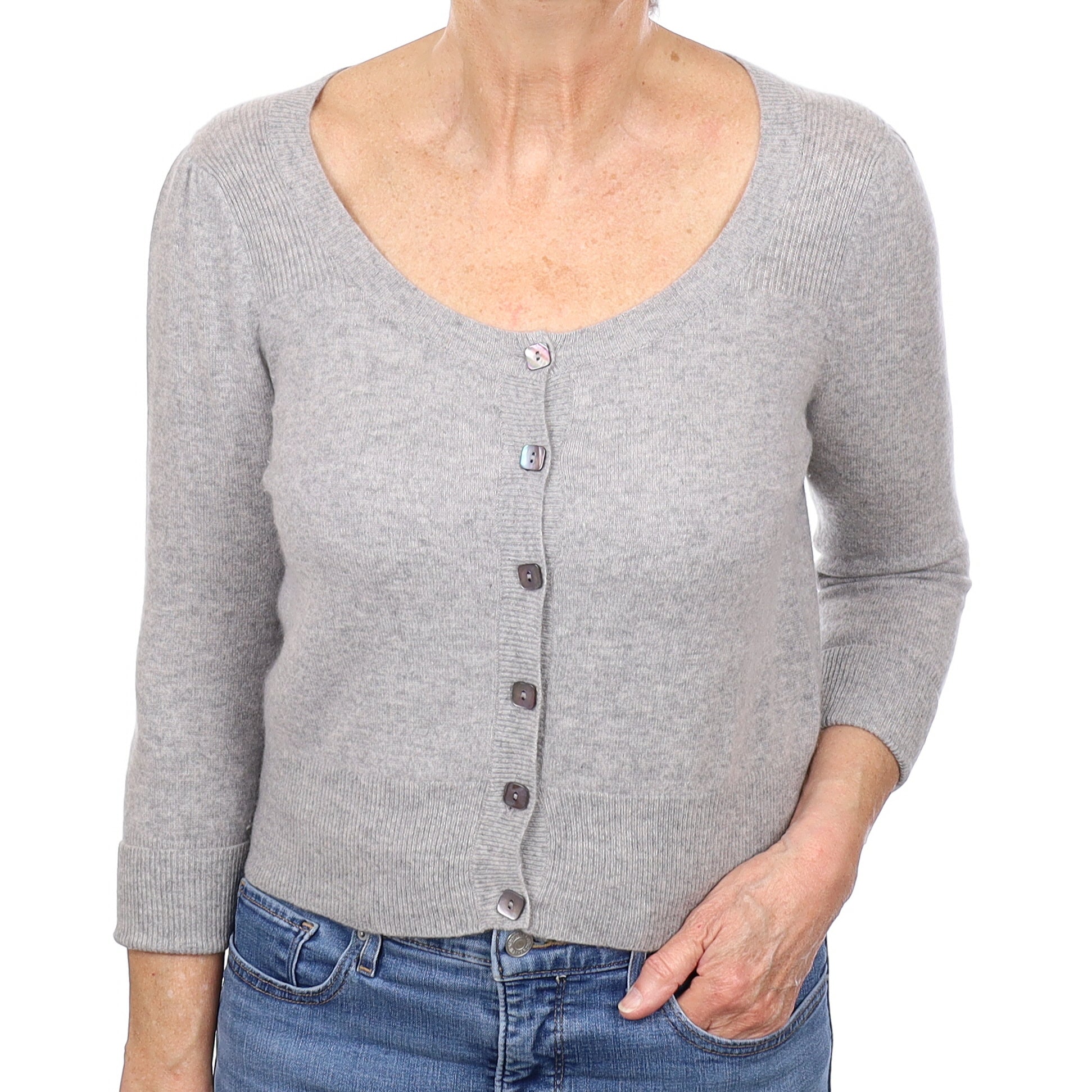 Smoke Grey 3/4 Sleeve Cashmere Scoop Neck Cardigan Medium