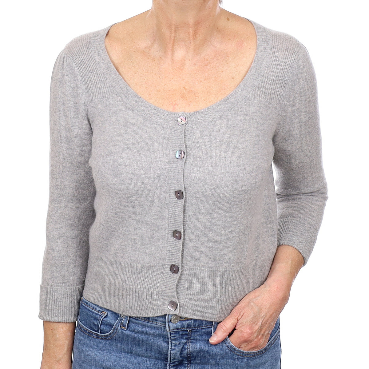 Smoke Grey 3/4 Sleeve Cashmere Scoop Neck Cardigan Medium