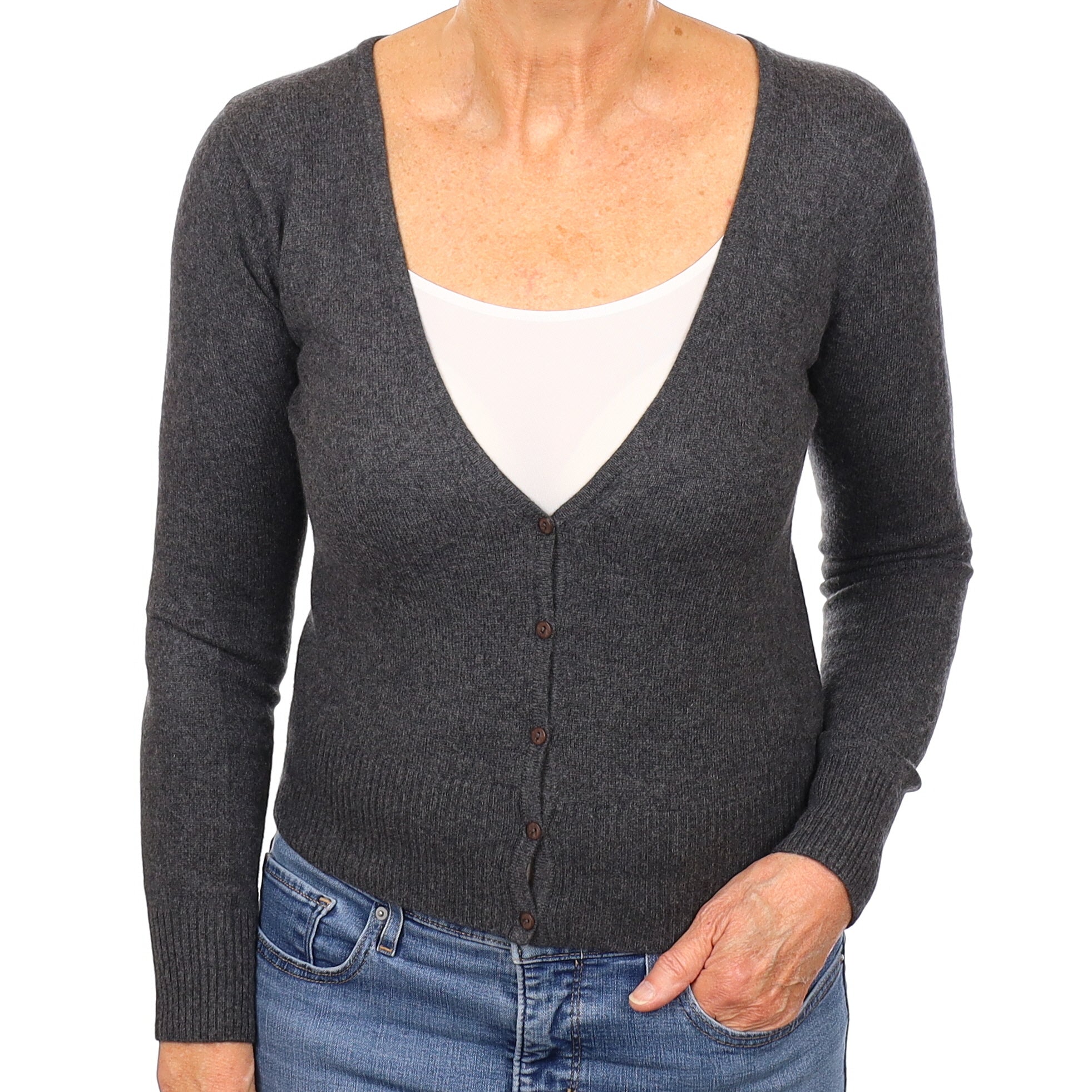 Charcoal Grey Cashmere V Neck Cardigan Medium