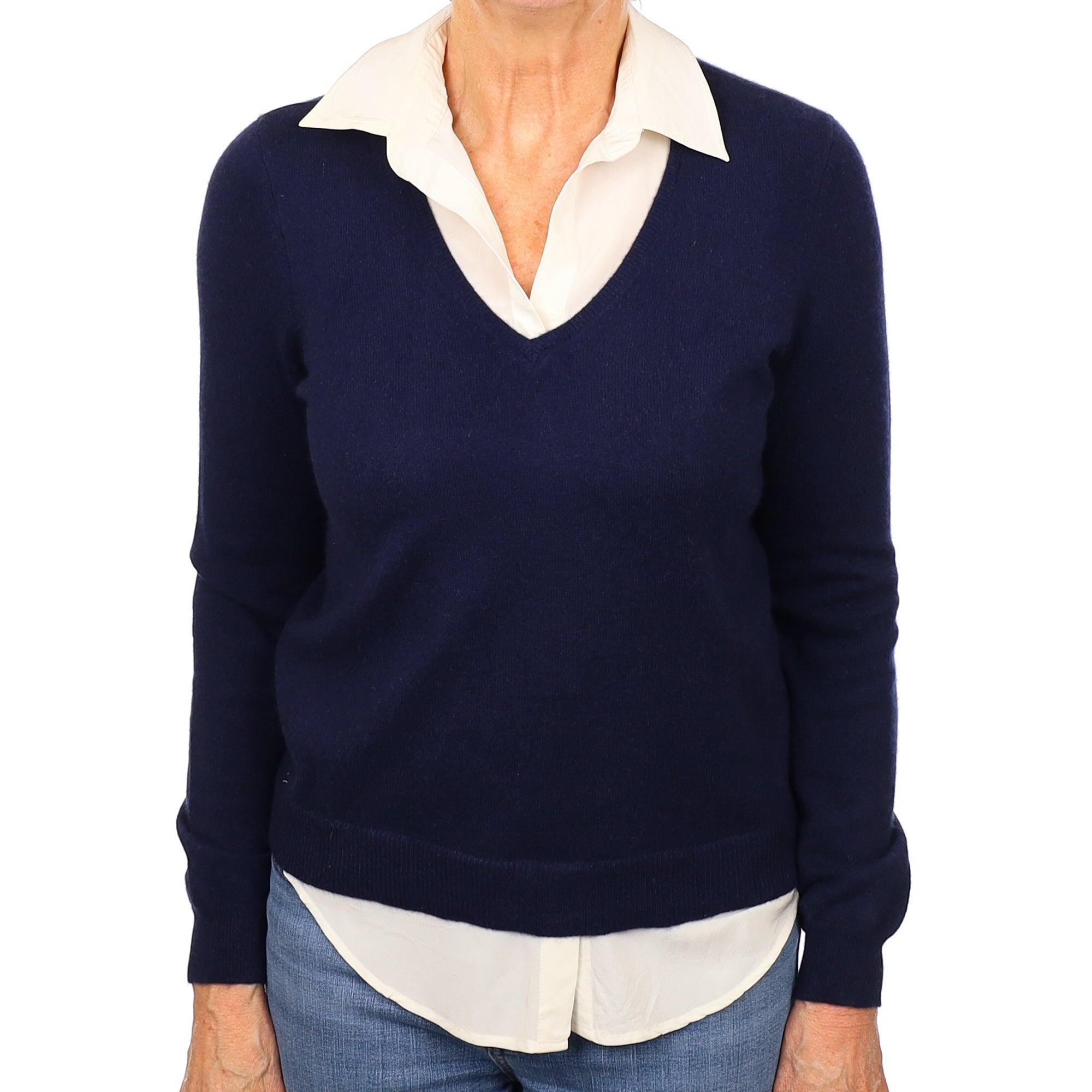 Ralph Lauren Navy Faux Shirt Cashmere V Neck Jumper Medium
