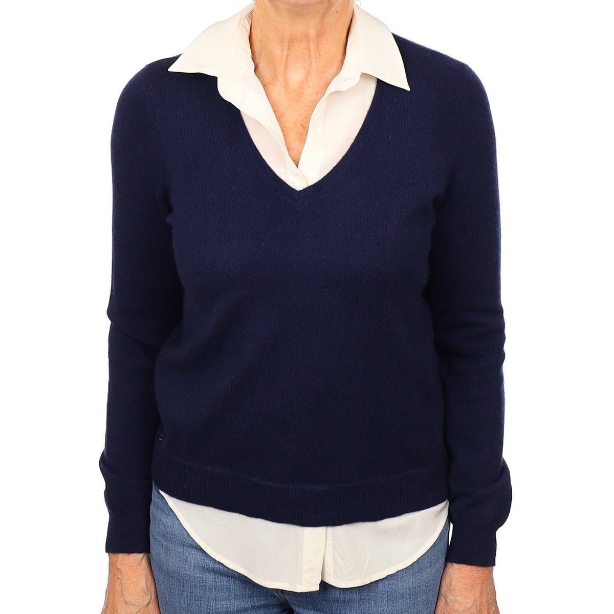 Ralph Lauren Navy Faux Shirt Cashmere V Neck Jumper Medium