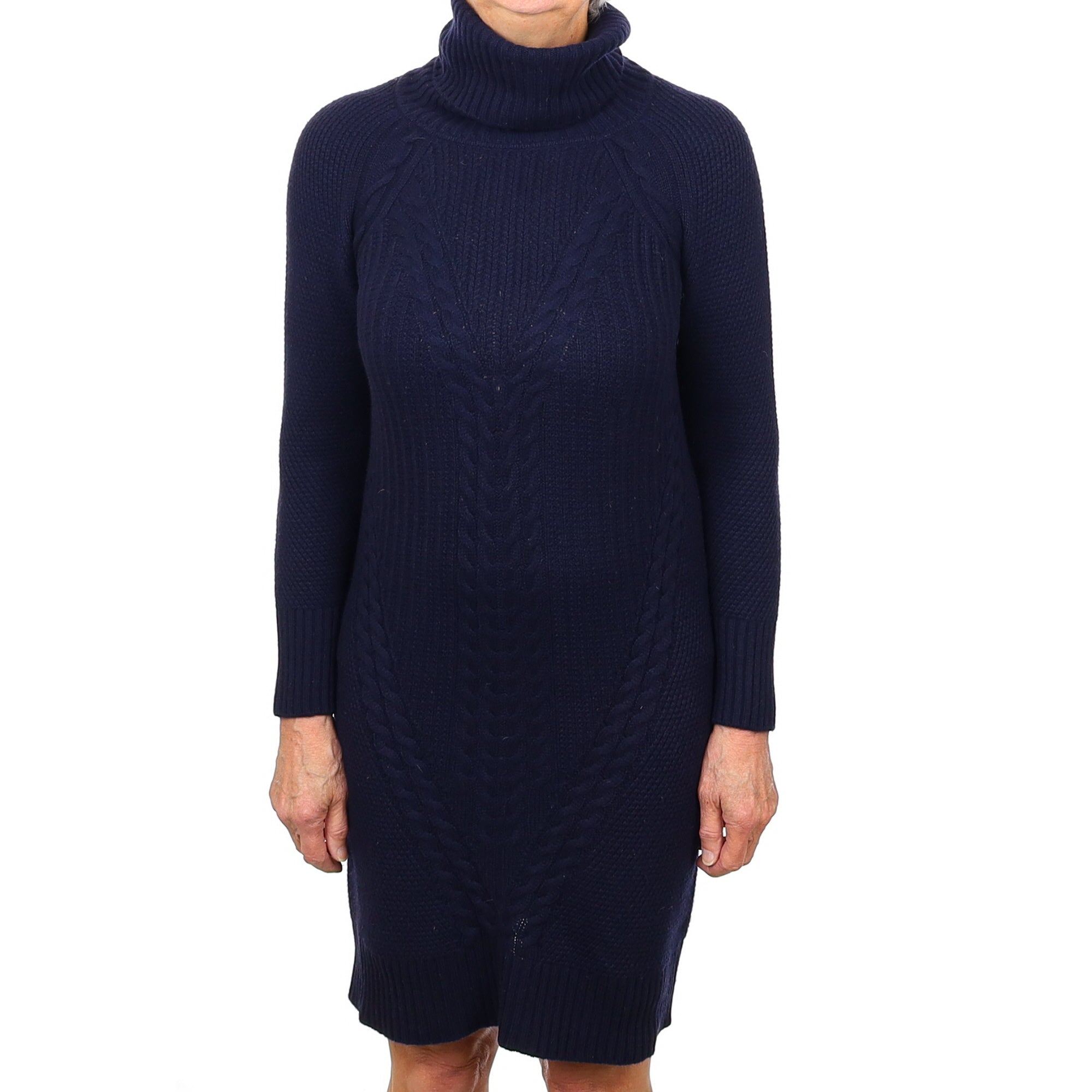 Navy Chunky Textured Cashmere Polo Neck Dress Medium