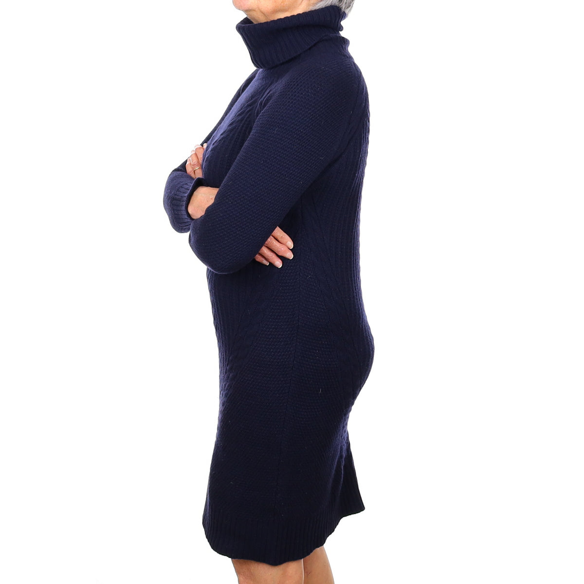 Navy Chunky Textured Cashmere Polo Neck Dress Medium