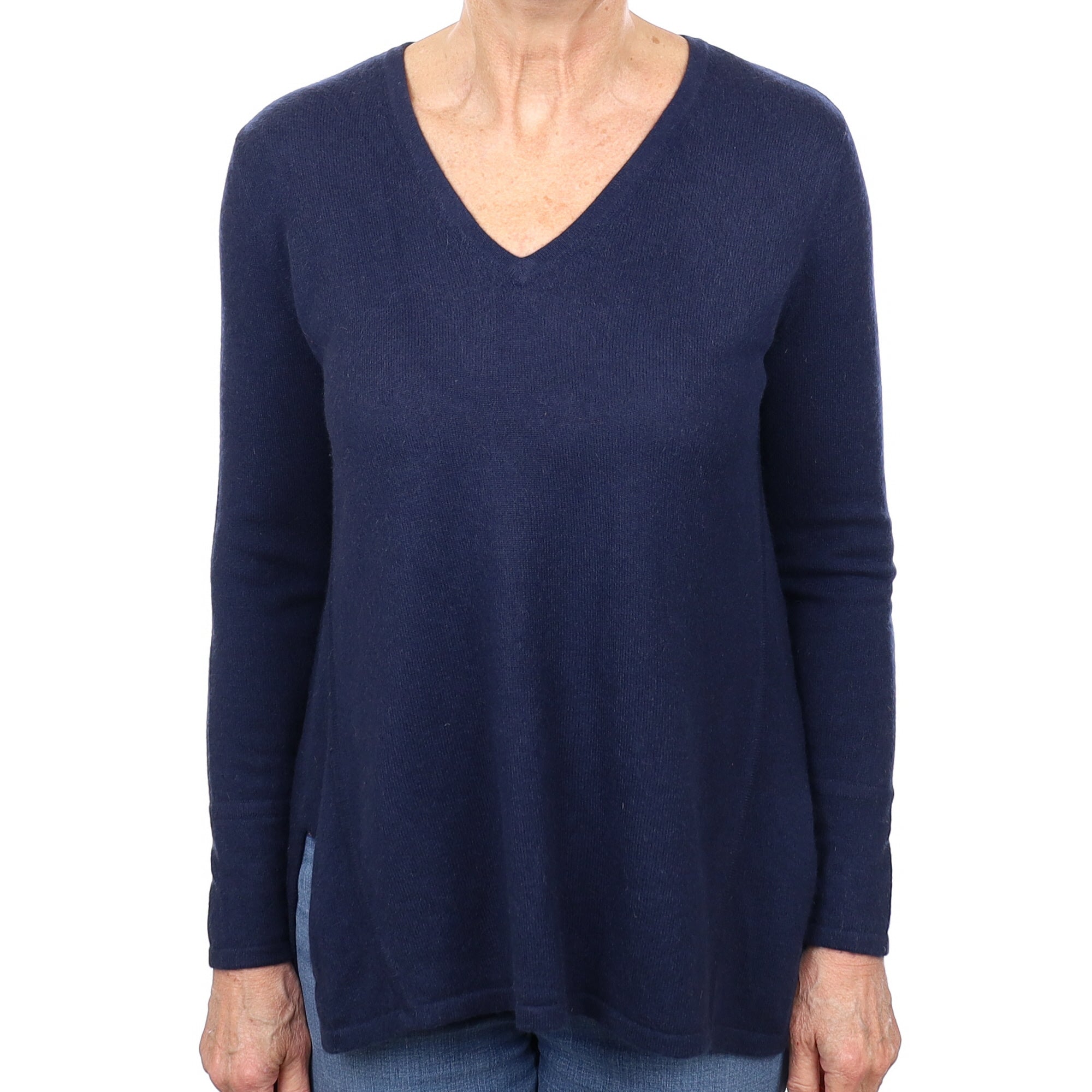 Navy Cashmere V Neck Tunic Jumper Medium