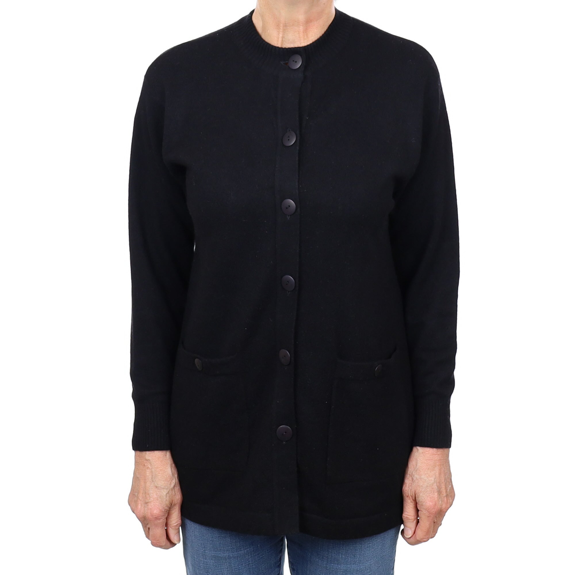 Black Longline Cashmere Crew Neck Cardigan with Pockets Medium