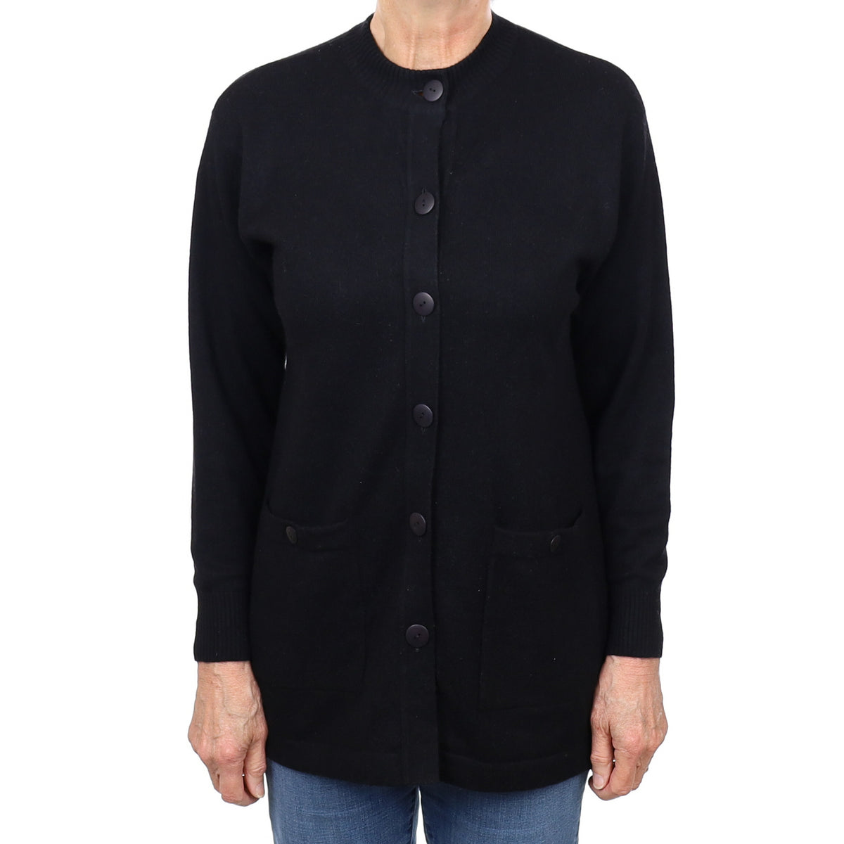 Black Longline Cashmere Crew Neck Cardigan with Pockets Medium
