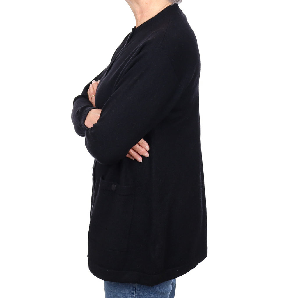 Black Longline Cashmere Crew Neck Cardigan with Pockets Medium