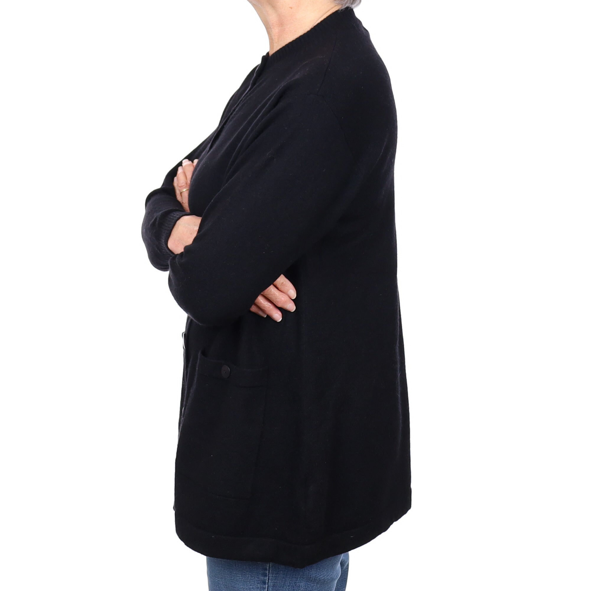 Black Longline Cashmere Crew Neck Cardigan with Pockets Medium