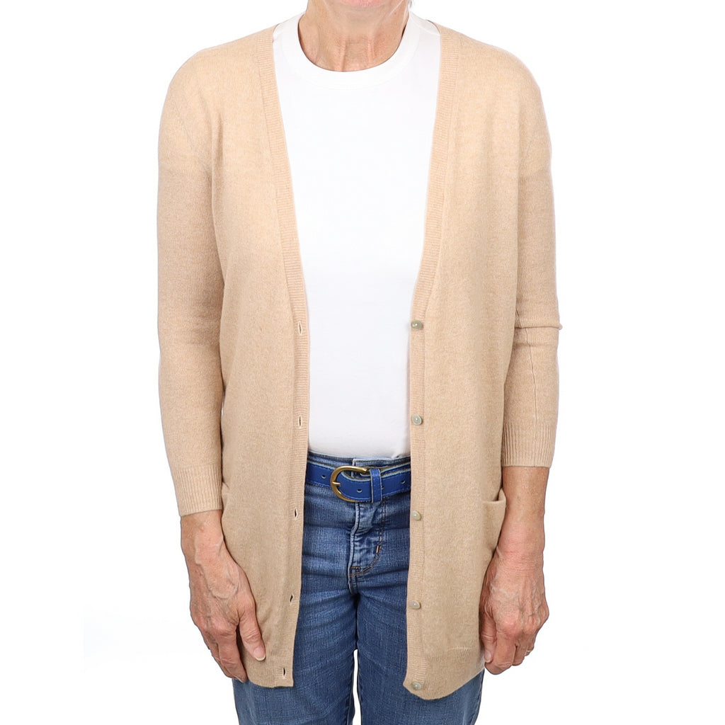 Soft Caramel Cashmere Longline V Neck Cardigan with Pockets Medium
